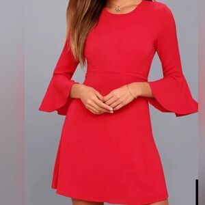 Lulus Center of Attend Red Flounce 3/4 Bell Sleeve Mini Dress Sz-XS